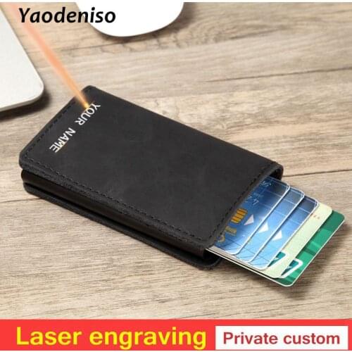 Laser engraving Men RFID Wallet Blocking Crazy Horse Leather Credit Card Holder Aluminum Metal Business ID Cardholder purse