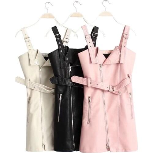Autumn Faux PU Leather Mini Dresses Women With Belt Sleeveless Zippers Punk Sexy Dress Female 2021 Winter Fashion Lady Vestidos