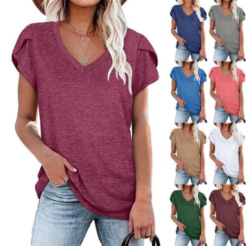 Fashion New Women T-Shirt Elegant Solid Color Ladies Tee Casual V-Neck Short Sleeve Female Tops