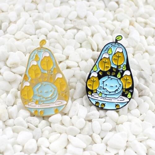 Cartoon fruit Pear shape Enamel brooch Forest trees Cute smiley face pattern needle Denim backpack badge Gift for children