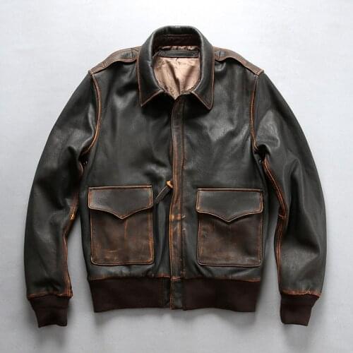 2018 Vintage Brown/Black Mens Genuine Motorcycle Biker Leather Jacket Casual Cowhide Slim Fit Winter Russia Coats