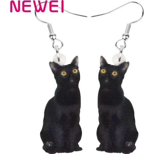 Newei Acrylic Black Bombay Cat Earrings Long Printing Cute Kitten Pet Animal Dangle Drop For Women Kids Classic Gift Jewelry