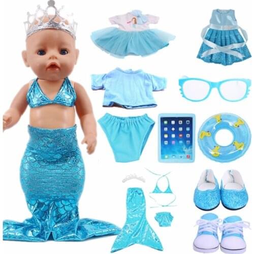 Doll Aqua Blue Series Disned Elsa Dress Shoes Mermaid Swimsuit Tablet PC For 18 Inch American Doll Girl&43cm Baby New Born Toy
