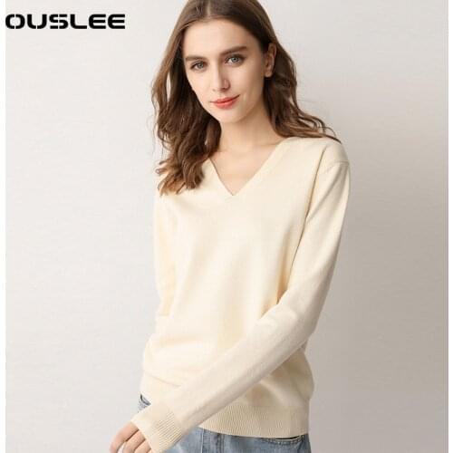 OUSLEE Sexy V-neck Womens Sweater Casual Pullovers Jumpers Wool Basic Tops Long Sleeves Cashmere Sweaters Female Plus Size XXXL