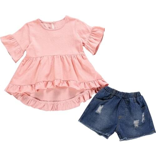 Oyolan 2021 Girls Clothing Sets Summer Suit Fashion Ruffle T-shirt Tops Ripped Jeans Shorts Sets Outfit Children Denim Clothing