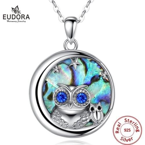 Eudora 925 Sterling Silver moon star Pendant Necklace Mother of Pearl wise owl Pendants fine Jewelry for women party gift D585