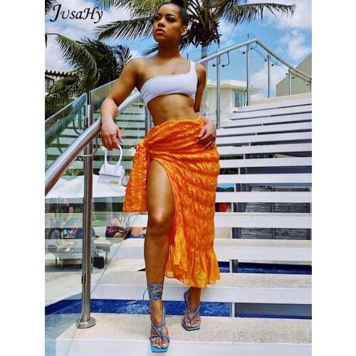 JuSaHy Pleated Woven Skirt for Women Sexy Oversized Casual Clothing Irregular Shape Side Lace Beach Style Female Outfits Summer