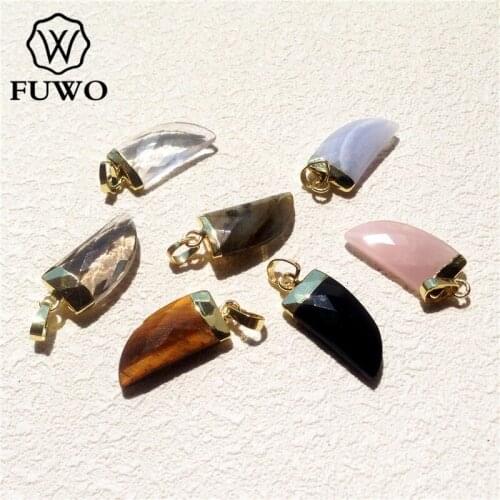 FUWO Horn Shape Natural Gem Stone Pendant With 24K Gold Color Plated Fashion Raw Stone Charm For Jewelry Making PD150 10*20mm