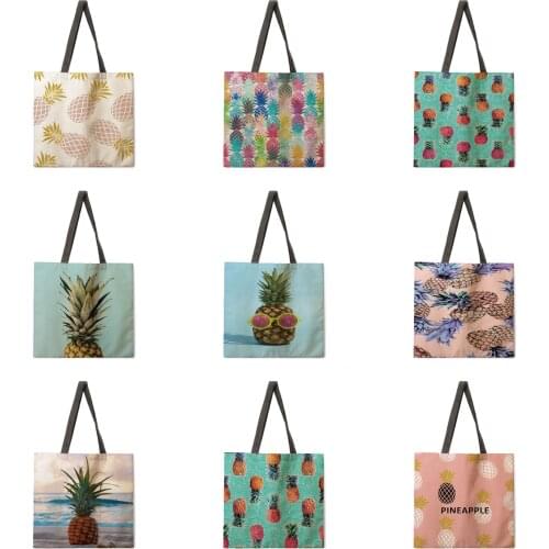 Tropical pineapple tote bag linen fabric casual tote bag foldable shopping bag reusable beach bag lady shoulder bag