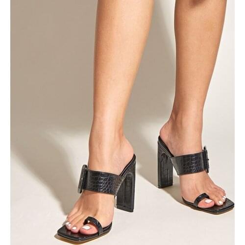 New Foreign trade High-heeled Sandals Summer Black Square Toe Ladies Shoes Snake pattern buckle Slippers Women Luxury Sandals 42