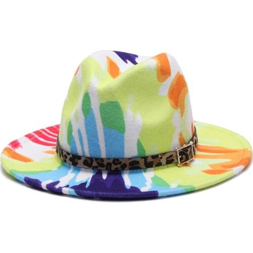 2020 Colorful fedora hats for women Flat wide Brim Panama Wool Felt Jazz Fedora Leopard belt Hats for men goth top wedding Hat