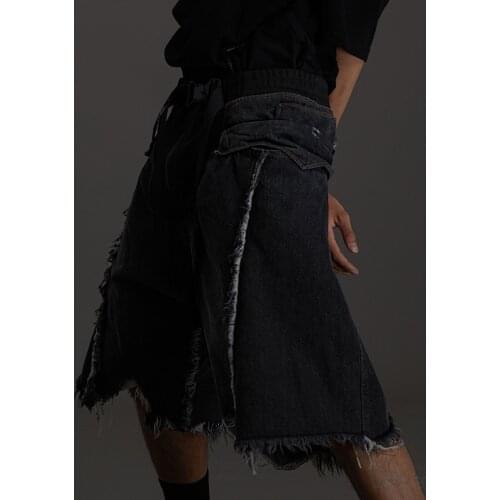 Pupil travel 21ss Knitted denim fabric shorts knee lenght magnetic buckle techwear aesthetic dystopian streetwear