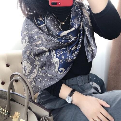 Blue silk scarf women spring autumn all-match 110 satin square scarf silk scarf shawl 100% silk, large square scarf of 110