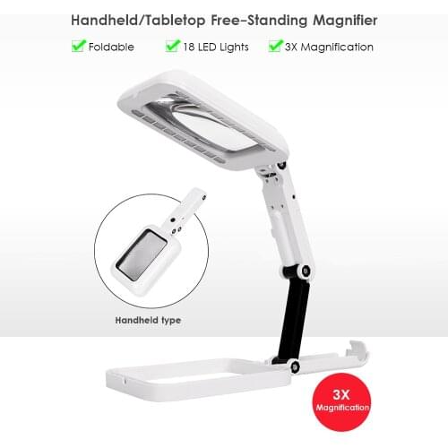 Magnifier Lighted Magnifying Glass Lens Square Magnifier Foldable Tabletop Freestanding Magnifier with Warm and Cool LED Lights