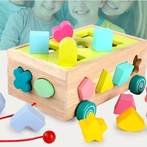 Wooden Pull Along Car Colorful Number Shape Blocks Pairing Education Kids Toy