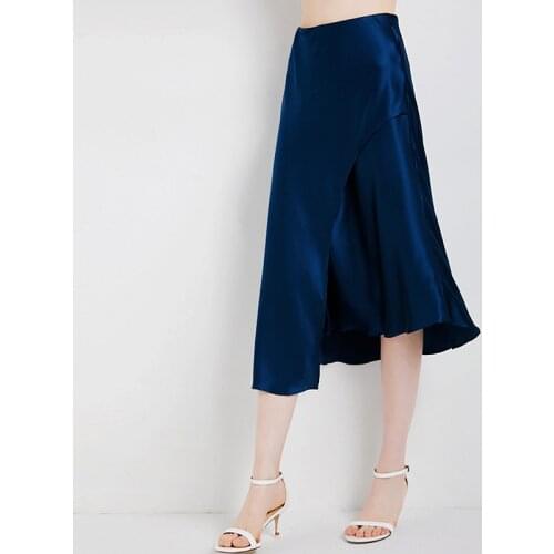 Skirt Women High Quality 100% Heavy Silk Asymmetric Design Solid Elastic Waist Oblique Split Elegant Skirt 2 Colors New Fashion