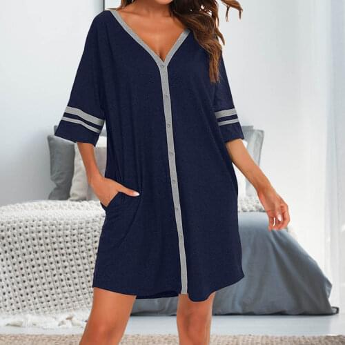 Women Nightgown V-Neck Button Cardigan Casual Pajamas Homewear Comfortable Loose Mid-length Nightdress Button Cardigan Pajamas