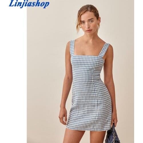 Vintage women summer plaid dress sleeveless square neck kawaii backless zipper elastic cotton blue mini dress