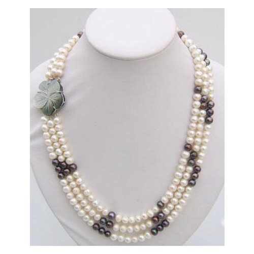3 Rows Genuine White Black Pearl Shell Flower Clasp Necklace