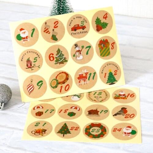 96pcs Merry Christmas Gift Stickers Advent Calendar Number Paper Stickers Xmas Party Decoration Packing Label Kraft Seal Sticker