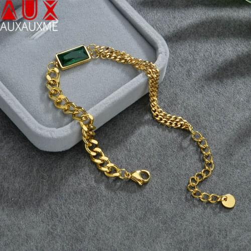 Auxauxme New Design Stylish Adjustable Double Layer Green Stone Gold Bracelet For Women Party Stainless Steel Jewelry Gift