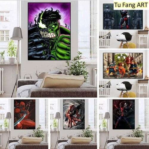 Canvas Painting Marvel Superhero Deadpool Spiderman Posters and Prints Wall Art Room Decor Pictures Living Kids Home Decoration