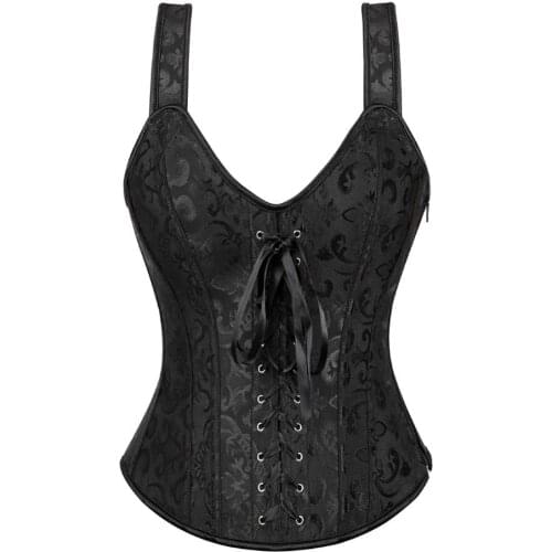 Steampunk Corset Satin Jacquard Sexy Shoulder Straps Korset Zipper Side Overbust Waist Trainer Bustier Corsets Plus Size