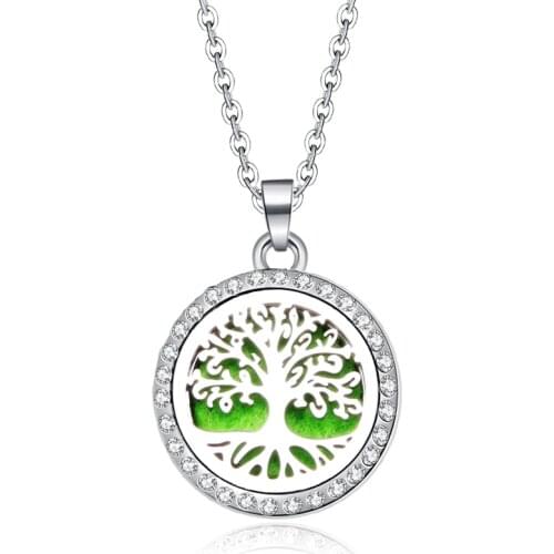 Tree of Life Aromatherapy Crystal Pendant Necklace Stainless Steel Rhinestone Aroma Essential Oil Diffuser Perfume Locket