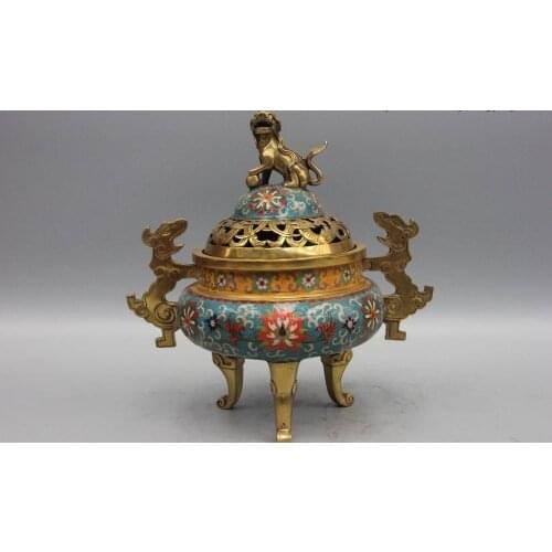 13" Tibetan Buddhism Bronze Cloisonne Foo Dog Lion Dragon Incense Burner Censer