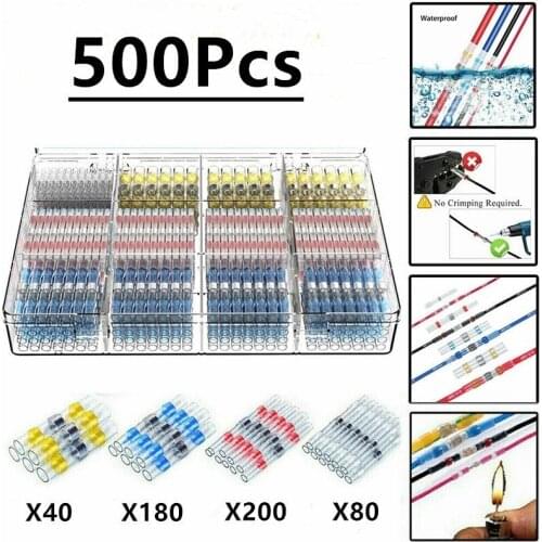 500Pcs Mixed Heat Shrink Solder Seal Connect Terminals Waterproof Solder Sleeve Electrical Wire Insulated Butt Connectors Kit