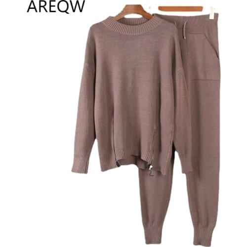 Elegant Cashmere Knitted Sets Women 2021 Winter Warm Basicl Two Pieces Loose Sweater and Harem Pants Female Tracksuit