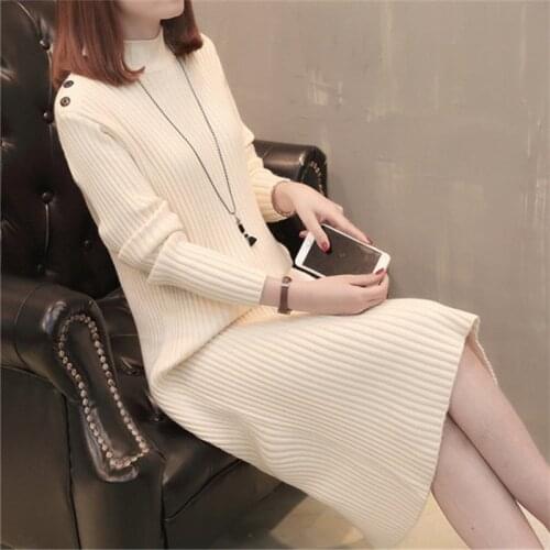 2021 Autumn Winter Half High Collar Thin Knitted Female Long Sleeve Dresses Fashion Elegant Dress Thicken Women Sweater Dresses
