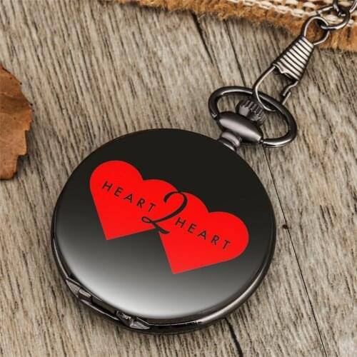 Heart to Heart Elements Printed Smooth Black Pocket Watch Quartz Movement Antique Pendant Clock 30 cm Fob Chain Gifts Men Women