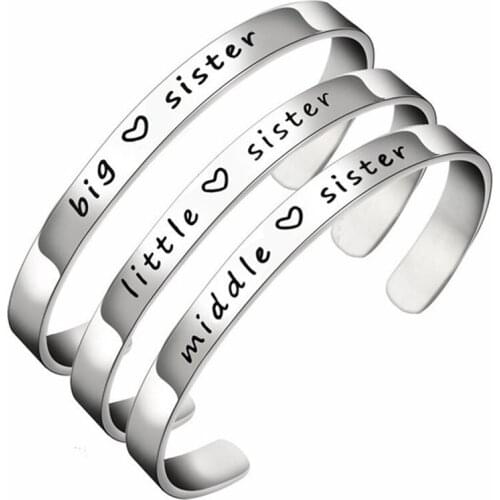 Opened Stainless Steel Bracelet Sister Friendship Witnes Letter Bangle Inspirational Message Cuff Jewelry Little Middle Big Size