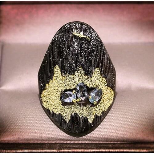 Luxury Black Gold Filled Rings for Women Unique Design Blue Crystal Landscape Modern Wedding Party Rings for Female Chic Jewelry