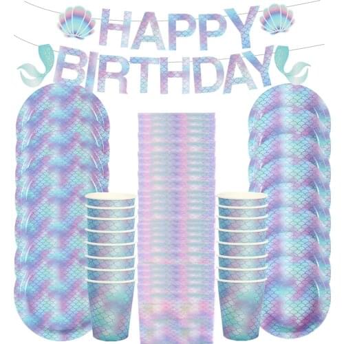 Mermaid Party Disposable Tableware Banner Balloon Wedding 1st Birthday Party Decorations Kids Baby Shower Mermaid Party Suppiles
