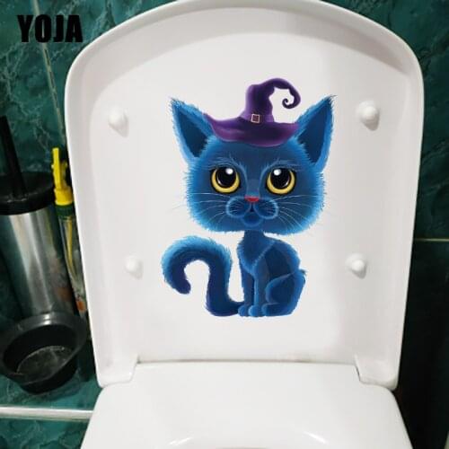 YOJA 17.1×23.1CM Creative Cartoon Blue Cat Funny Bathroom Toilet Decoration Home Room Wall Stickers T1-2887