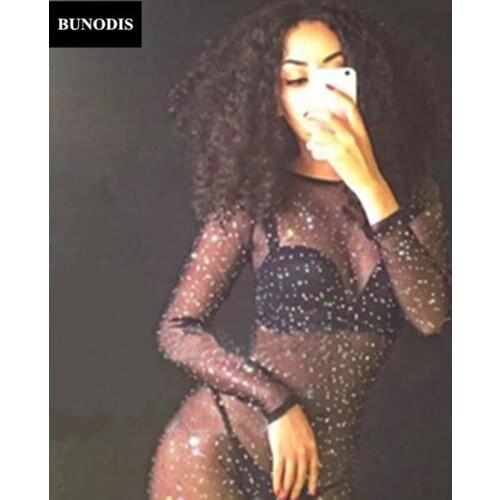 ZD035 Black Sexy Net Bodysuit Long sleeve Nightclub DJ DS Singers Jumpsuit Sparkling Crystals Bodysuit Bling Women Sexy Outfit