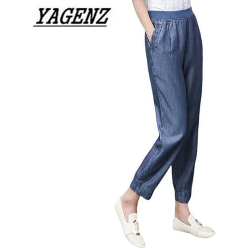 2020 New Fashion Summer Women Thin Jeans Elastic waist Loose pocket Harem pants Large size Casual Ladies Trousers L-4XL A1622