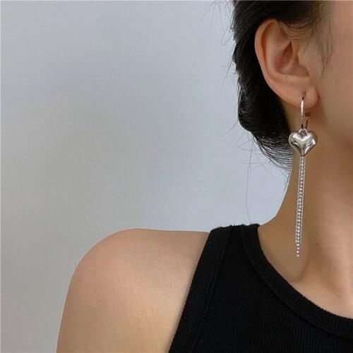 Origin Summer Trendy Silver Color Heart Tassel Earrings for Women Mujer Long Chain Sparkly Cubic Zircon Love Hoop Earrings 2021
