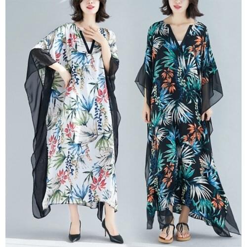 Dress Women Summer 2019 Fashion Beach Boho Chic Sundress Chiffon Floral Print Loose Dress Patchwork Retro Vintage Dress TA1538