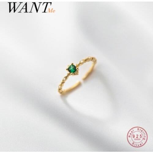 WANTME 925 Sterling Silver Simple Fashion Dazzling Green Zircon Finger Open Ring for Women Chic Charm Party Golden Jewelry Gift