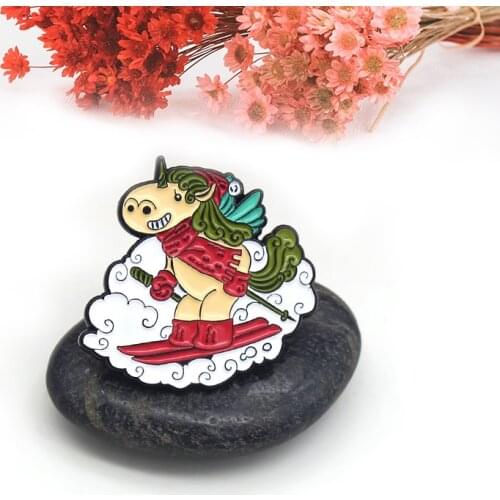 Skiing horses in winter Enamel Brooch Cartoon animal horse with horns on its head fun Lapel Pin Bag clothes punk brooches Badge