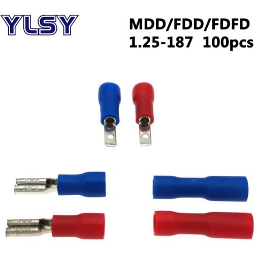 4.8mm Insulated Crimp Terminals Male Female MDD FDD FDFD 1.25-187 Electrical Wire Cable Connector Ferrules 0.5-1.5mm2 100Pcs