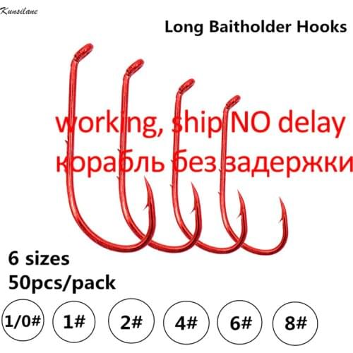 50PCS Fishing Hooks Freshwater Barbed Carp Worm Fly River Boat Jig Offset Hooks Red Crank Long Shank Baitholder Fishhook Tackle