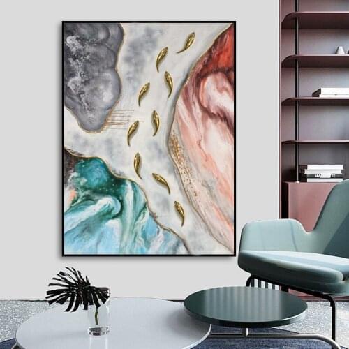 Abstract Flow Color Oil Painting Nine Fish Figure Modern Living Room Decoration Painting Light Luxury Porch Hanging Painting