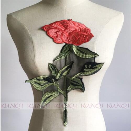 1 Pc 33*19cm Large Rose Flower Embroidery / Applique Water-soluble Patch Hand Sewn on Cloth,Clothes Accessory DIY Red
