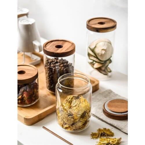 Wood Lid Glass Canister Thick Kitchen Storage Bottles Jars Food Container Grains Tea Coffee Beans Grains Candy Jar Containers