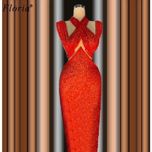 Dubai Muslim Red Beads Prom Dresses Long Mermaid Vestidos De Festa Bling Evening Gowns Turkish Couture вечернее платье Custom