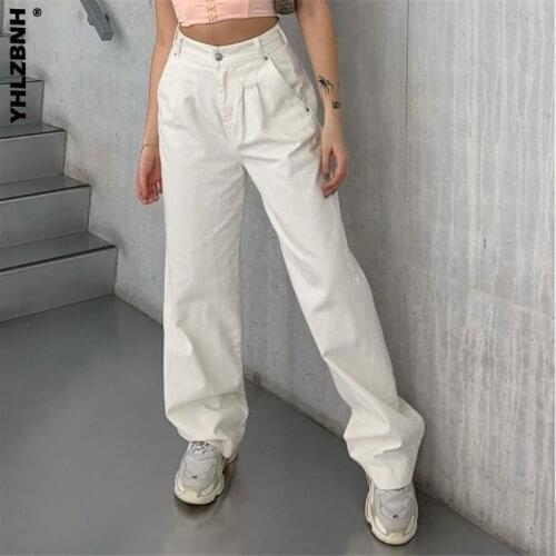 Women Fashion Casual Straight Wide Leg Jeans Solid High Waist Basic Loose Denim Trousers for Female 2021 Spring Fall Streetwear